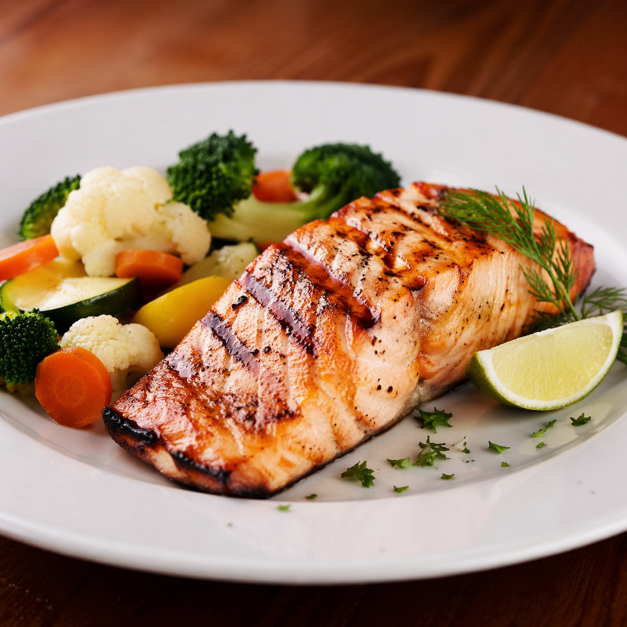 Salmón al horno con verduras al vapor